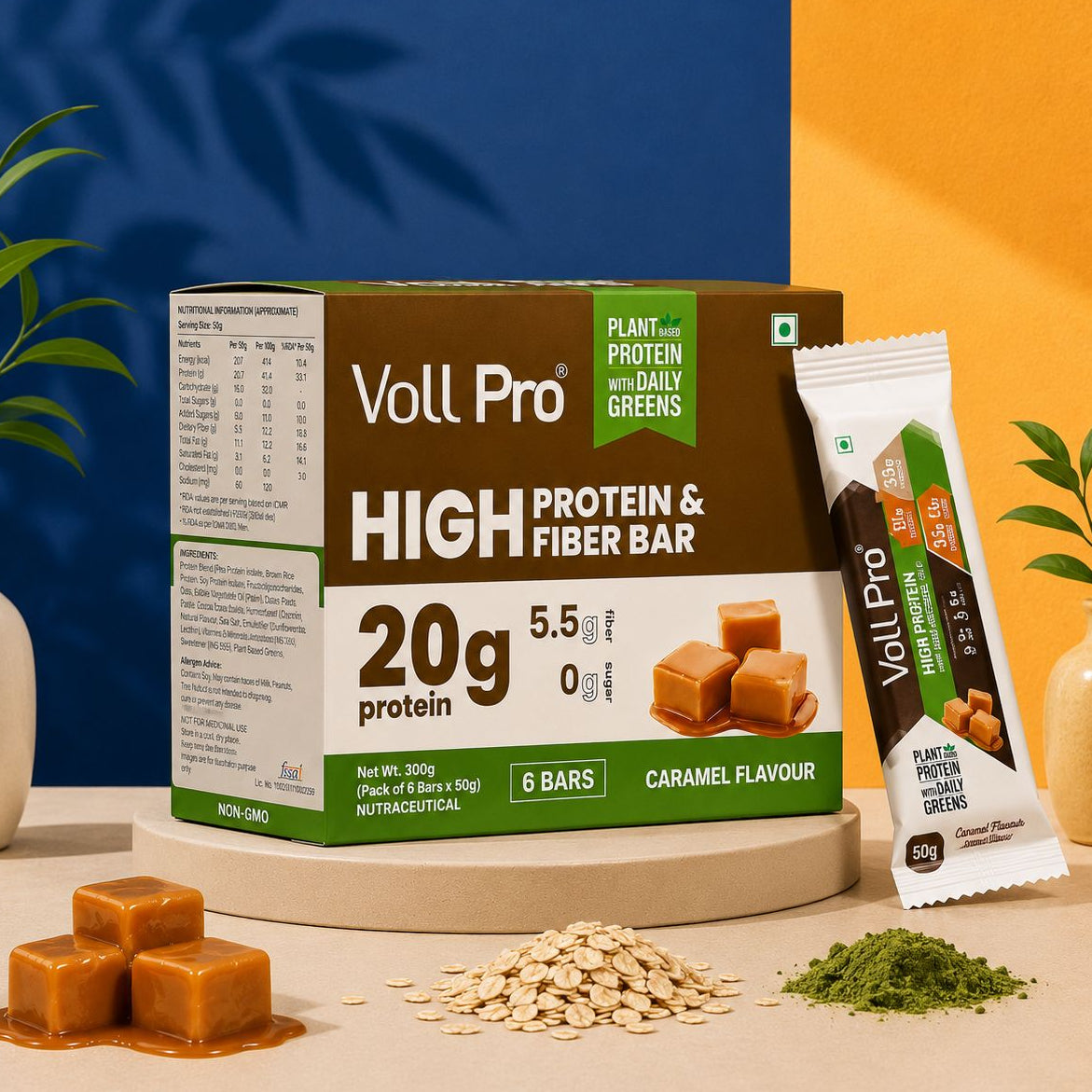 Plant Protein Bar – Voll Pro (20g Protein per 50g Bar, Pack of 6) Caramel Flavour