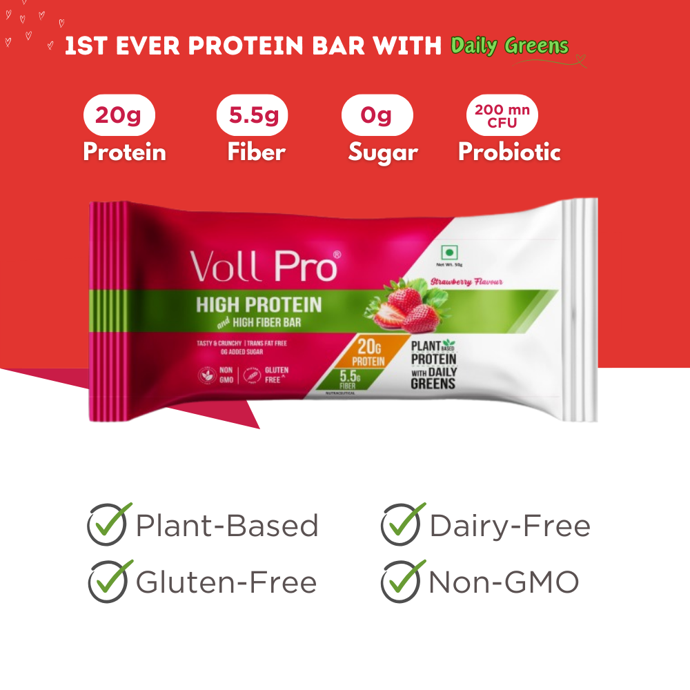 Voll Pro Plant Protein Bar: 20g protein in 50g bar: (Pack of 50g*6 bars) Strawberry Flavour
