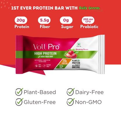 Voll Pro Plant Protein Bar: 20g protein in 50g bar: (Pack of 50g*6 bars) Strawberry Flavour