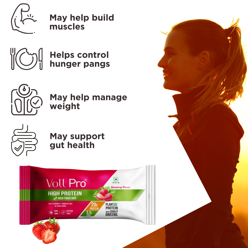 Voll Pro Plant Protein Bar: 20g protein in 50g bar: (Pack of 50g*6 bars) Strawberry Flavour