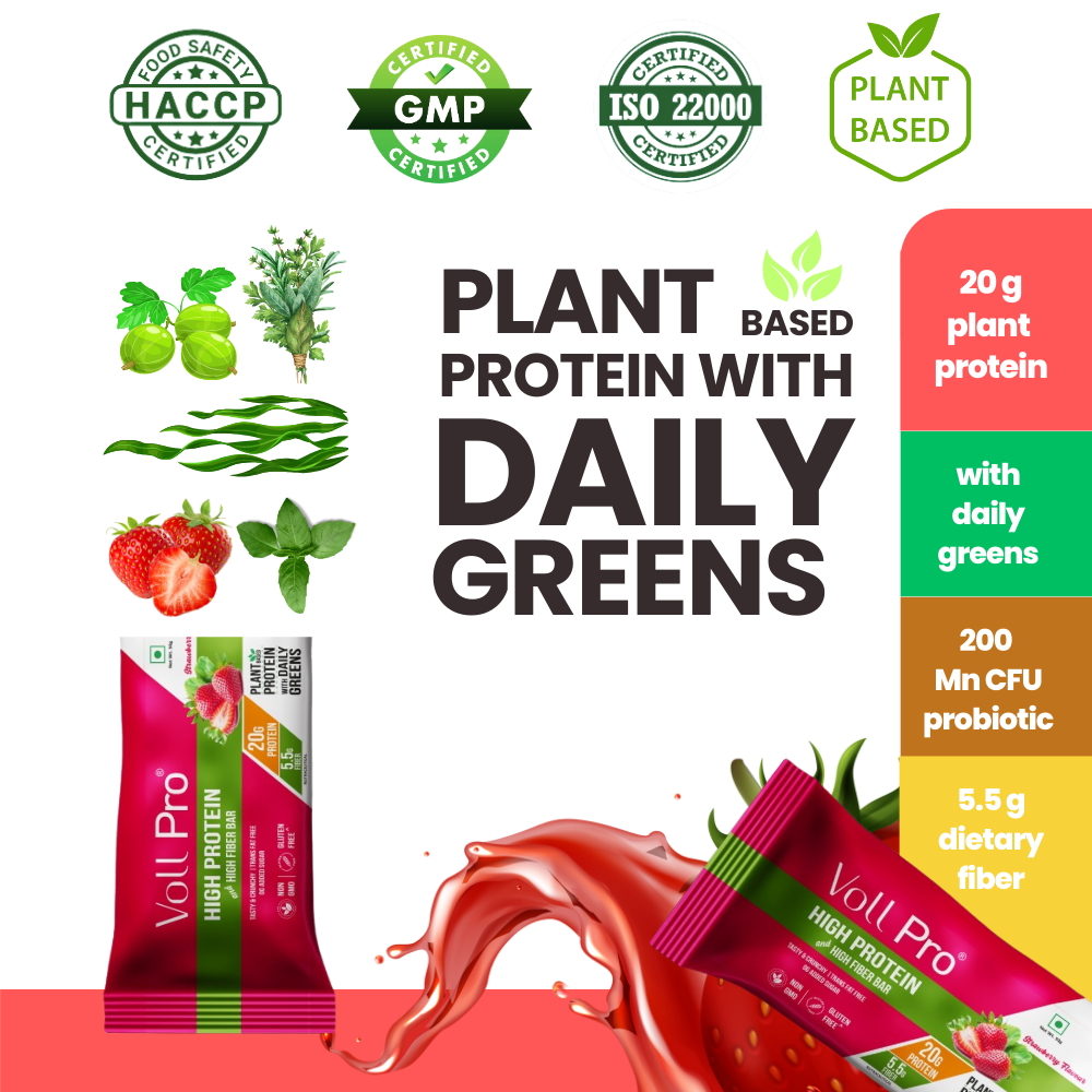 Voll Pro Plant Protein Bar: 20g protein in 50g bar: (Pack of 50g*6 bars) Strawberry Flavour