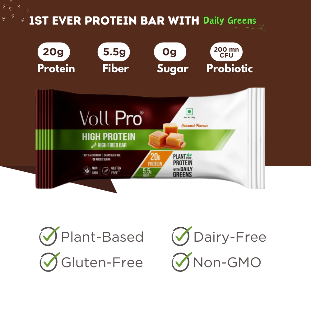 Plant Protein Bar – Voll Pro (20g Protein per 50g Bar, Pack of 6) Caramel Flavour