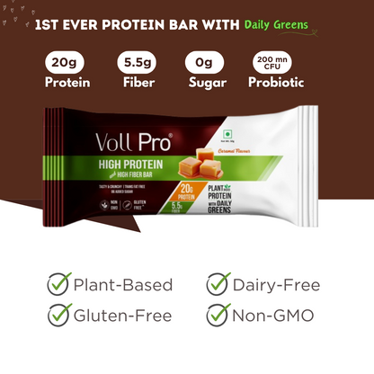 Plant Protein Bar – Voll Pro (20g Protein per 50g Bar, Pack of 6) Caramel Flavour