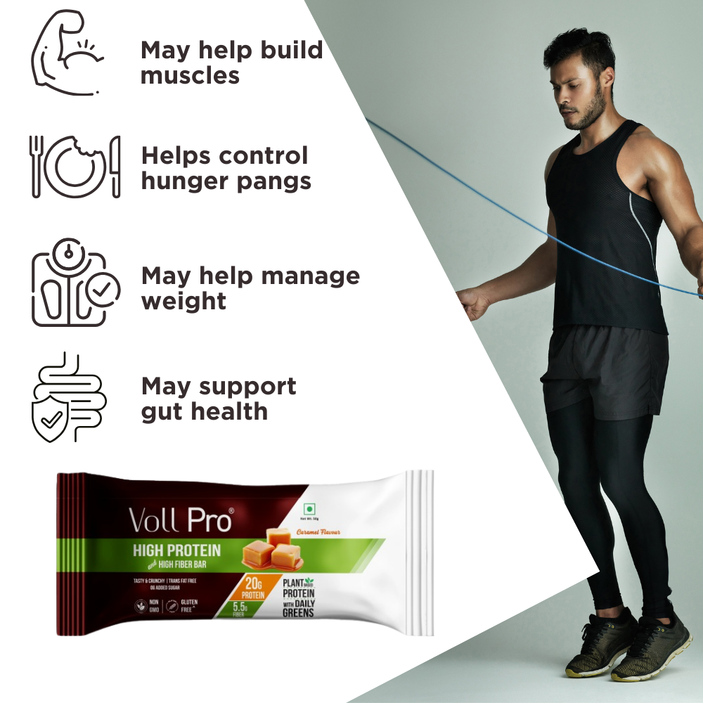 Plant Protein Bar – Voll Pro (20g Protein per 50g Bar, Pack of 6) Caramel Flavour