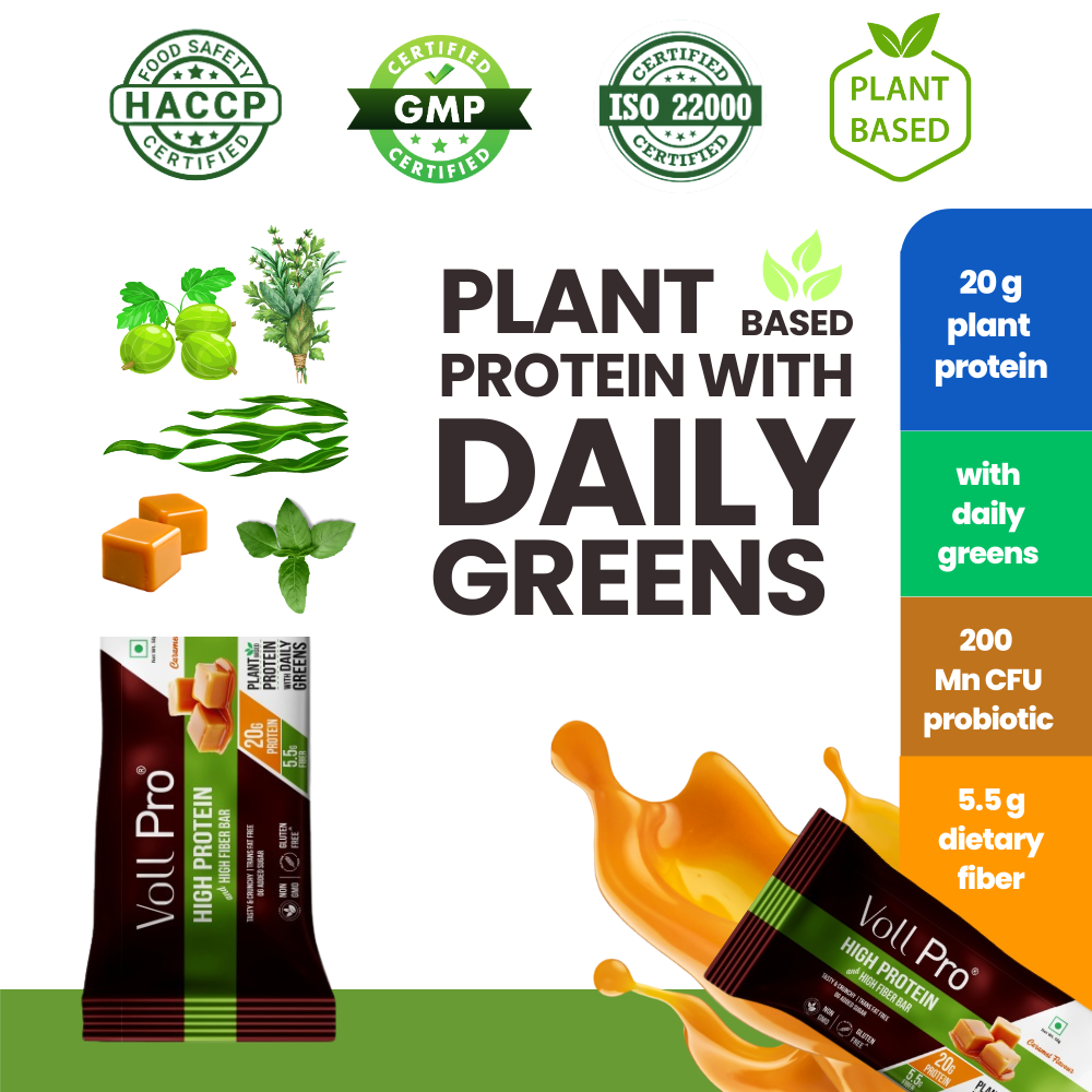 Plant Protein Bar – Voll Pro (20g Protein per 50g Bar, Pack of 6) Caramel Flavour