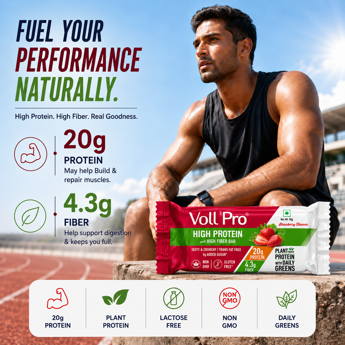 Voll Pro Plant Protein Bar: 20g protein in 50g bar: (Pack of 50g*6 bars) Strawberry Flavour