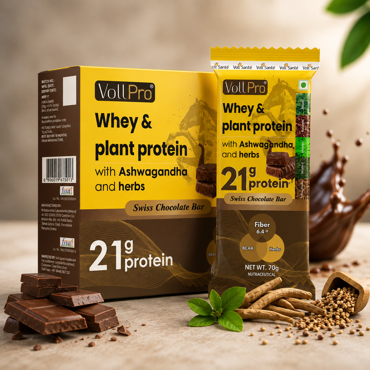 Voll Pro Whey & Plant Protein bar :21g protein in 70g bar ( Pack of 70g*6 bars)
