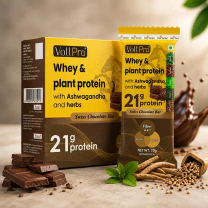 Voll Pro Whey & Plant Protein bar :21g protein in 70g bar ( Pack of 70g*6 bars)