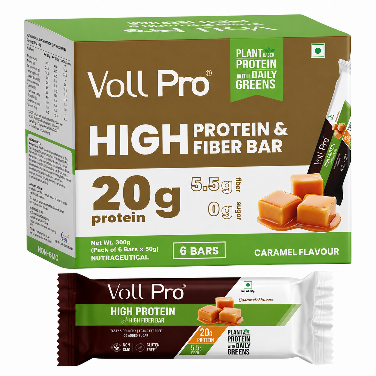 Plant Protein Bar – Voll Pro (20g Protein per 50g Bar, Pack of 6) Caramel Flavour