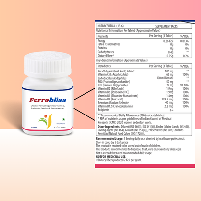 Ferrobliss – Advanced Iron Supplement with Ferrous Bisglycinate, Vitamin C & B-Vitamins 30 Tablets