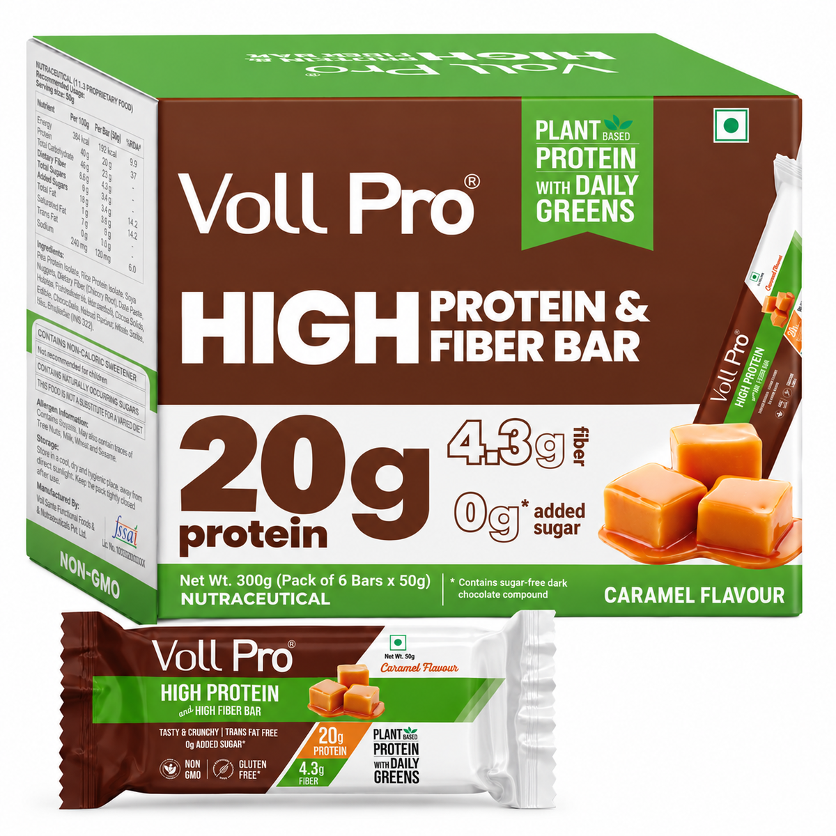 Plant Protein Bar – Voll Pro (20g Protein per 50g Bar, Pack of 6) Caramel Flavour