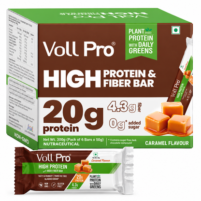 Plant Protein Bar – Voll Pro (20g Protein per 50g Bar, Pack of 6) Caramel Flavour