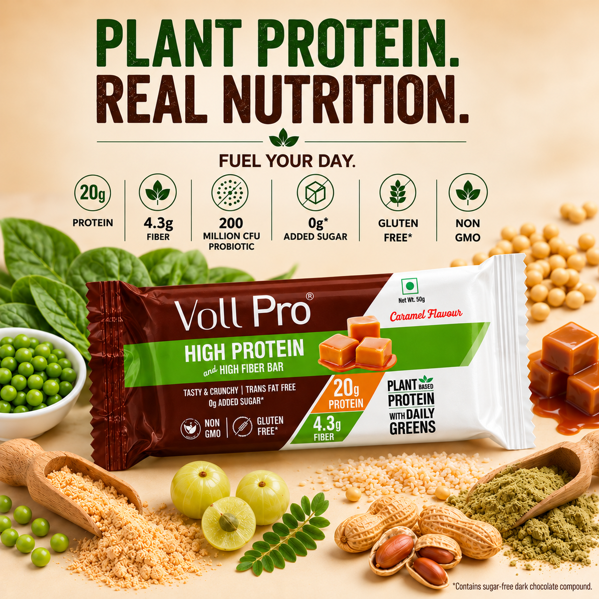 Plant Protein Bar – Voll Pro (20g Protein per 50g Bar, Pack of 6) Caramel Flavour