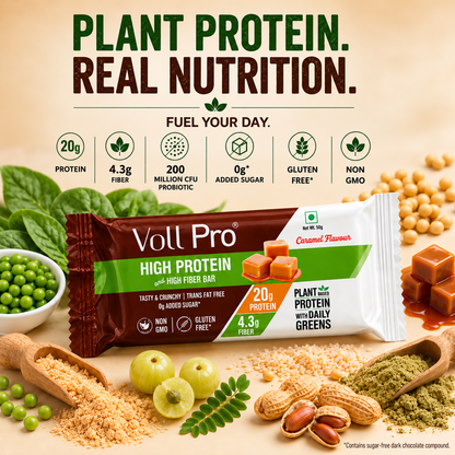 Plant Protein Bar – Voll Pro (20g Protein per 50g Bar, Pack of 6) Caramel Flavour