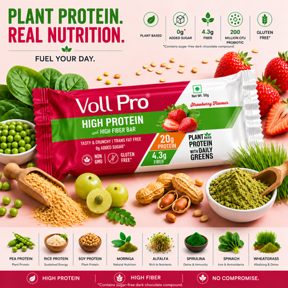 Voll Pro Plant Protein Bar: 20g protein in 50g bar: (Pack of 50g*6 bars) Strawberry Flavour