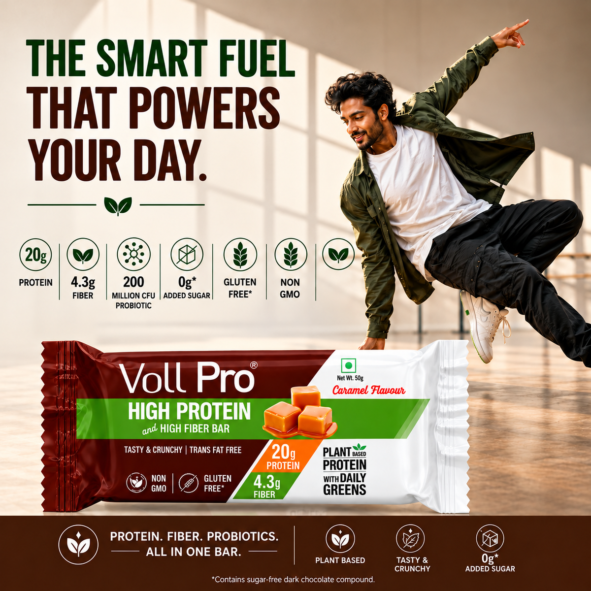 Plant Protein Bar – Voll Pro (20g Protein per 50g Bar, Pack of 6) Caramel Flavour