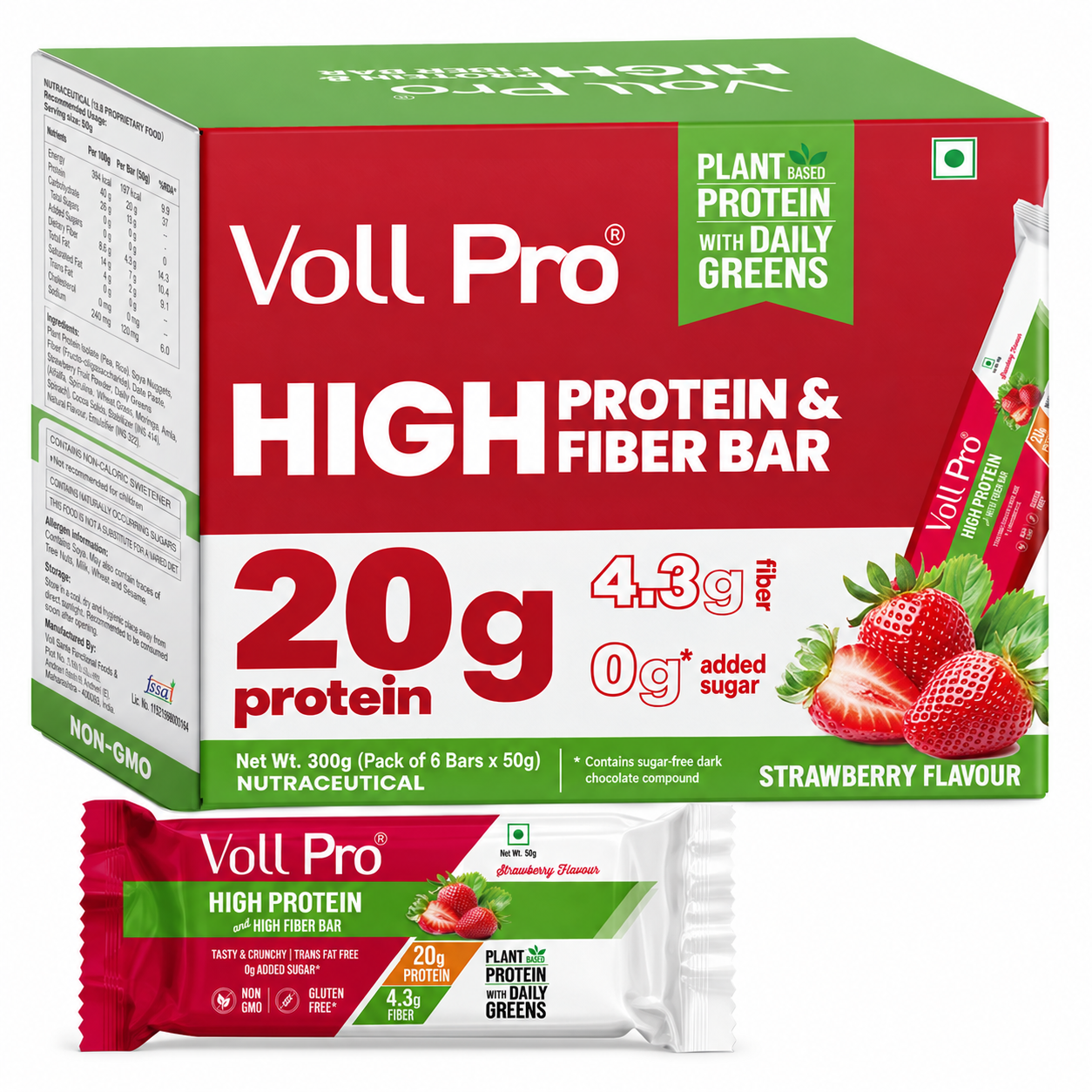 Voll Pro Plant Protein Bar: 20g protein in 50g bar: (Pack of 50g*6 bars) Strawberry Flavour