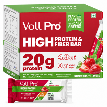 Voll Pro Plant Protein Bar: 20g protein in 50g bar: (Pack of 50g*6 bars) Strawberry Flavour