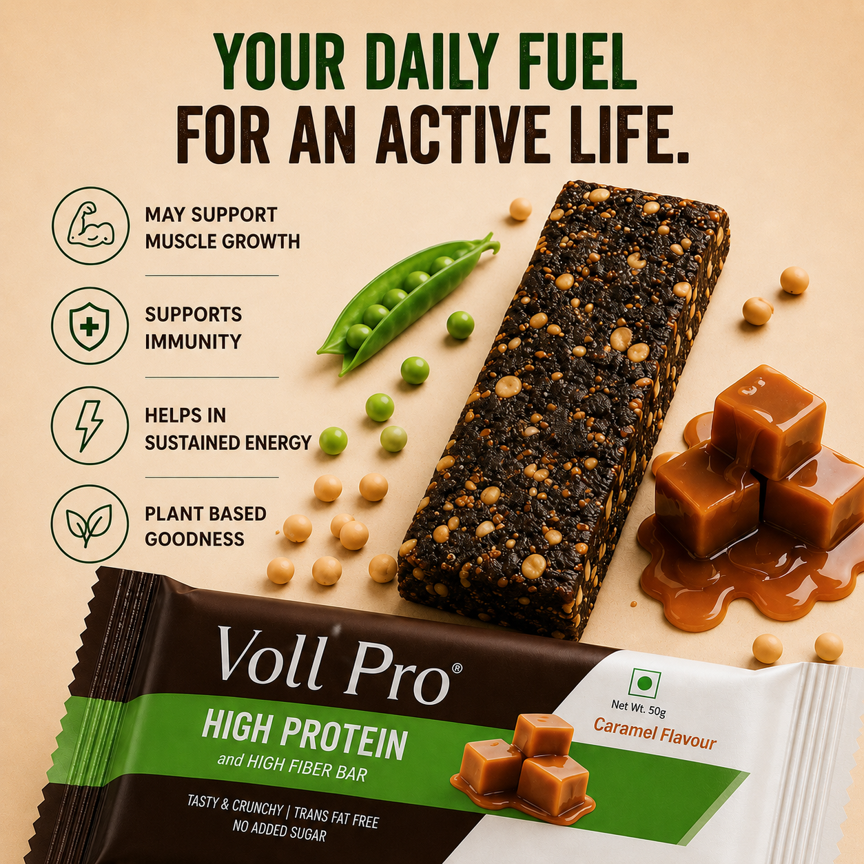 Plant Protein Bar – Voll Pro (20g Protein per 50g Bar, Pack of 6) Caramel Flavour