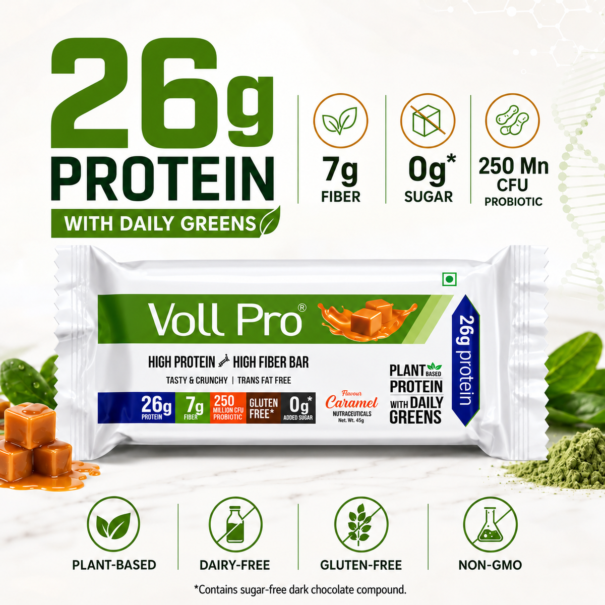 Plant Protein Bar – Voll Pro (26g Protein per 65g Bar, Pack of 6)