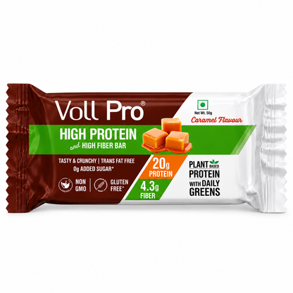 Plant Protein Bar – Voll Pro (20g Protein per 50g Bar, Pack of 6) Caramel Flavour