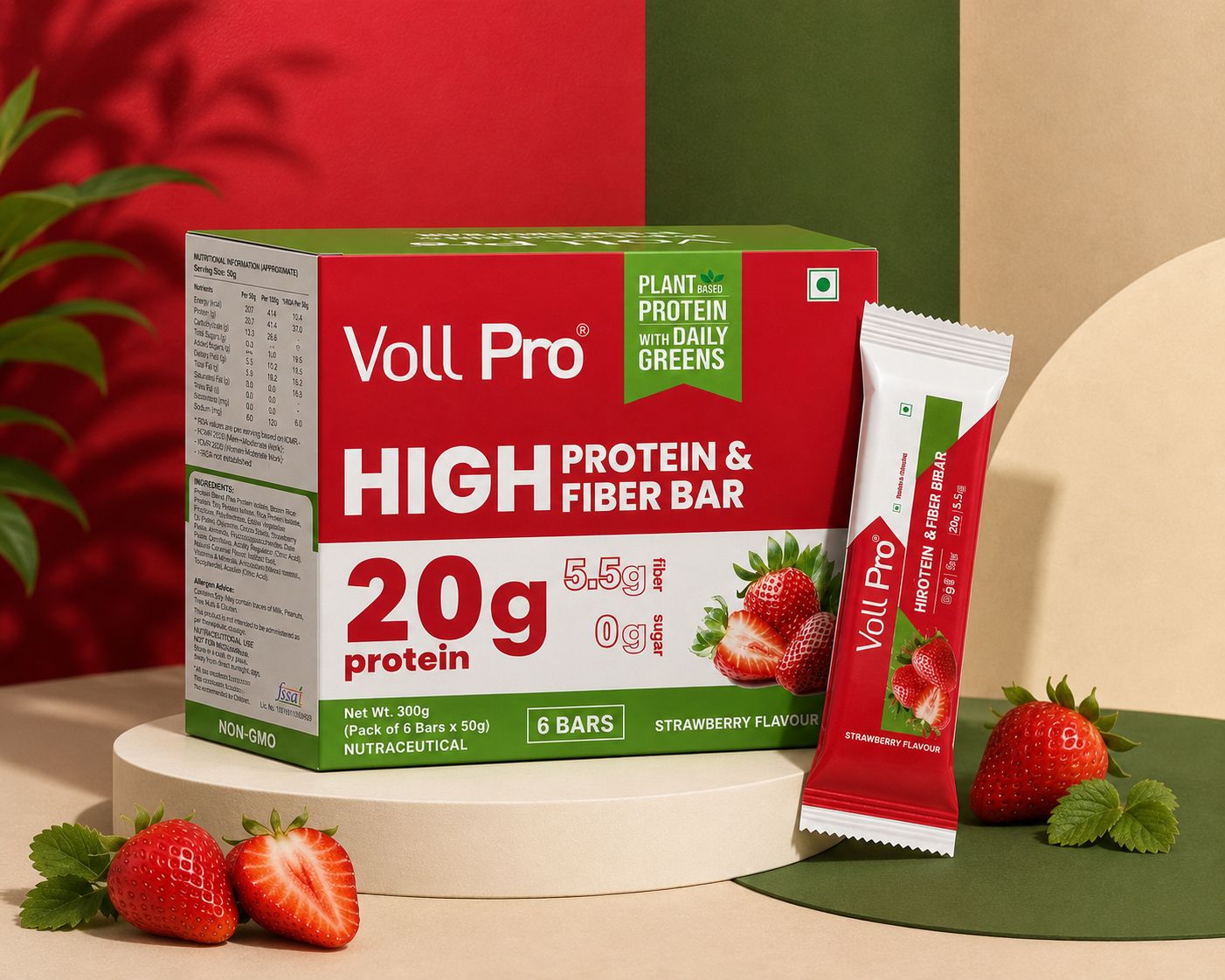 Voll Pro Plant Protein Bar: 20g protein in 50g bar: (Pack of 50g*6 bars) Strawberry Flavour
