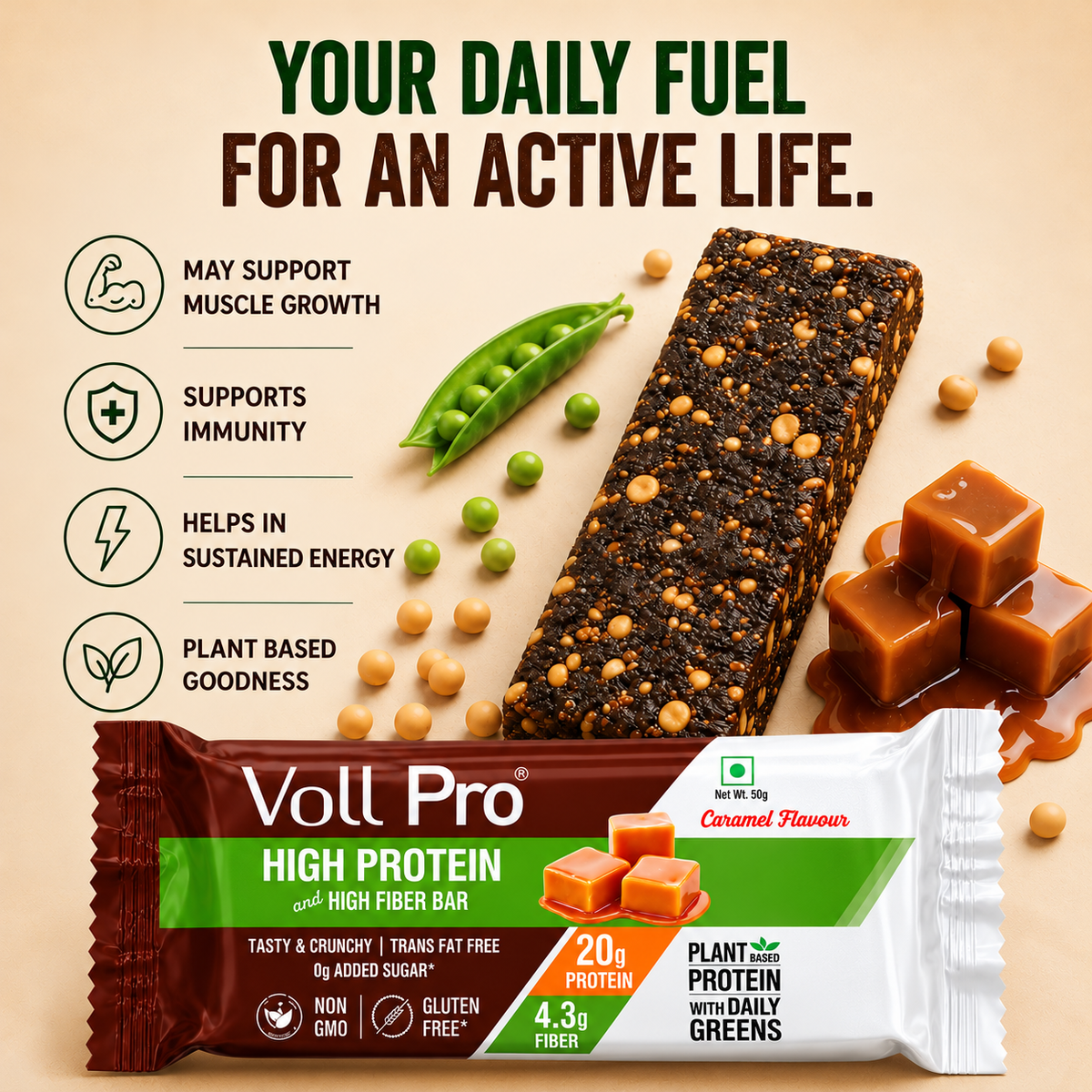 Plant Protein Bar – Voll Pro (20g Protein per 50g Bar, Pack of 6) Caramel Flavour