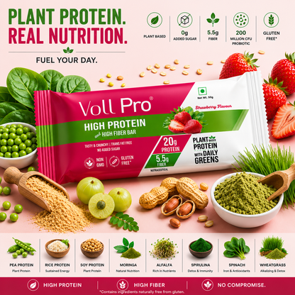 Voll Pro Plant Protein Bar: 20g protein in 50g bar: (Pack of 50g*6 bars) Strawberry Flavour