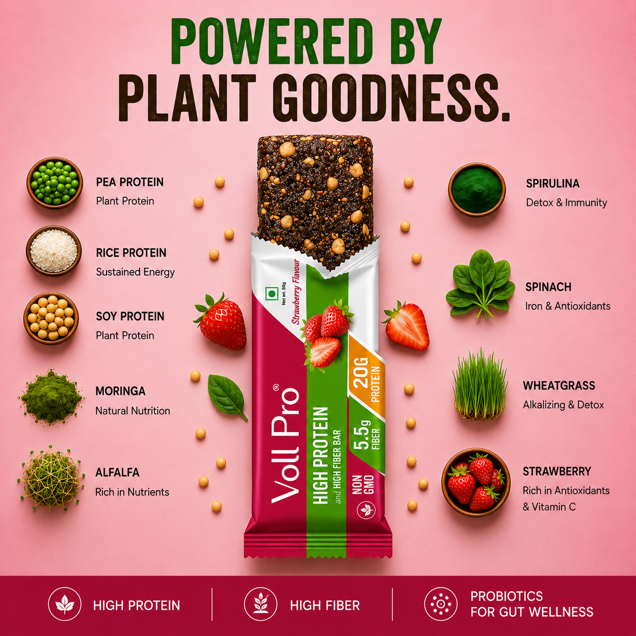 Voll Pro Plant Protein Bar: 20g protein in 50g bar: (Pack of 50g*6 bars) Strawberry Flavour